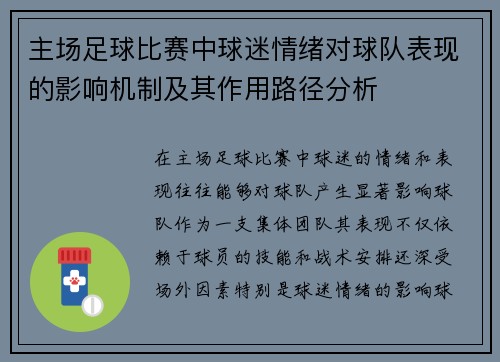 主场足球比赛中球迷情绪对球队表现的影响机制及其作用路径分析 主场足球比赛中球迷情绪对球队表现的影响机制及其作用路径分析