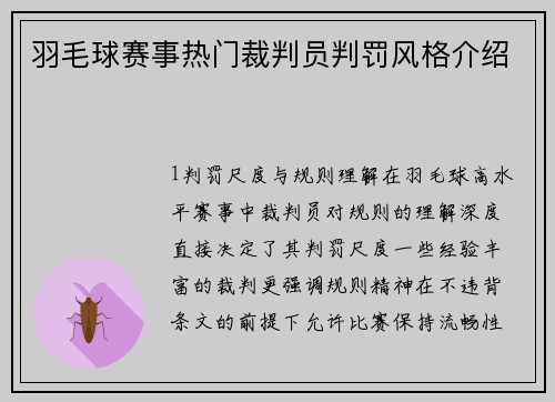羽毛球赛事热门裁判员判罚风格介绍